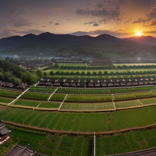 A panoramic view of a peaceful farming village, suddenly interrupted by the menacing arrival of a massive army; in the foreground, the seven samurais, each with a unique weapon, are silhouetted against the setting sun.